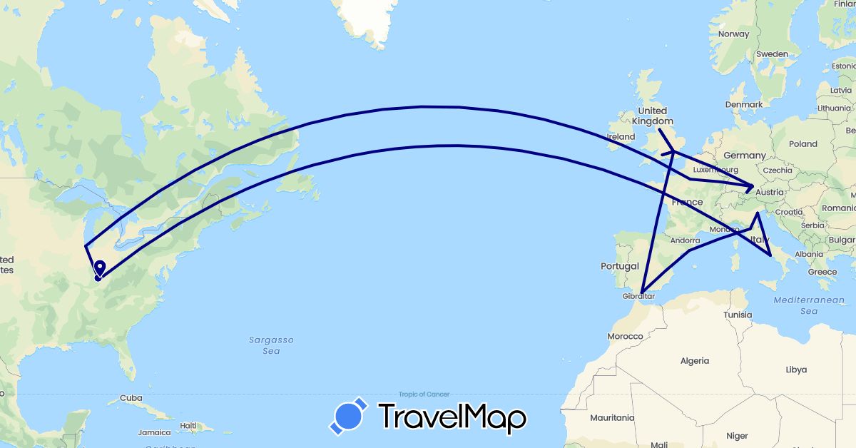 TravelMap itinerary: driving in Germany, Spain, France, United Kingdom, Italy, United States (Europe, North America)